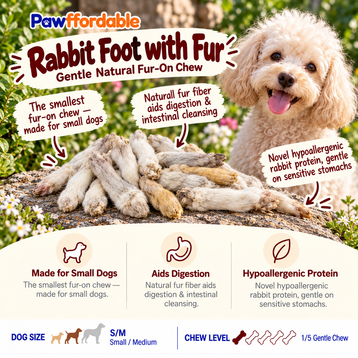 Dehydrated Rabbit Foot with Fur Dog Treat | Single-Ingredient, Natural Fiber