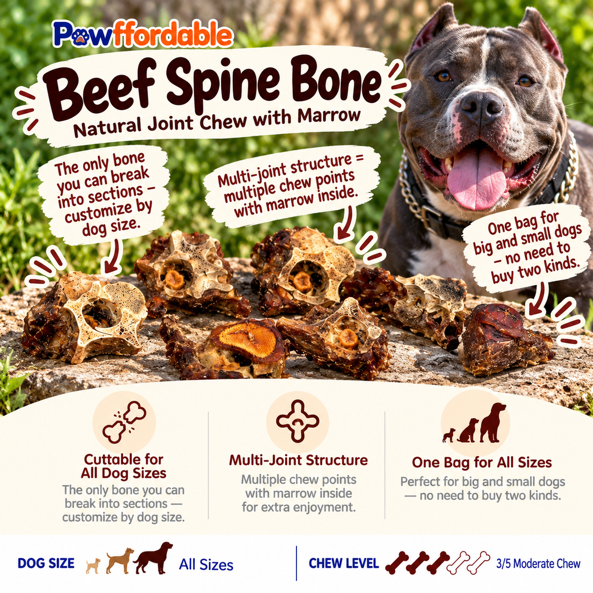Dehydrated Beef Spine Bone Dog Chew | Single-Ingredient, Natural Segments