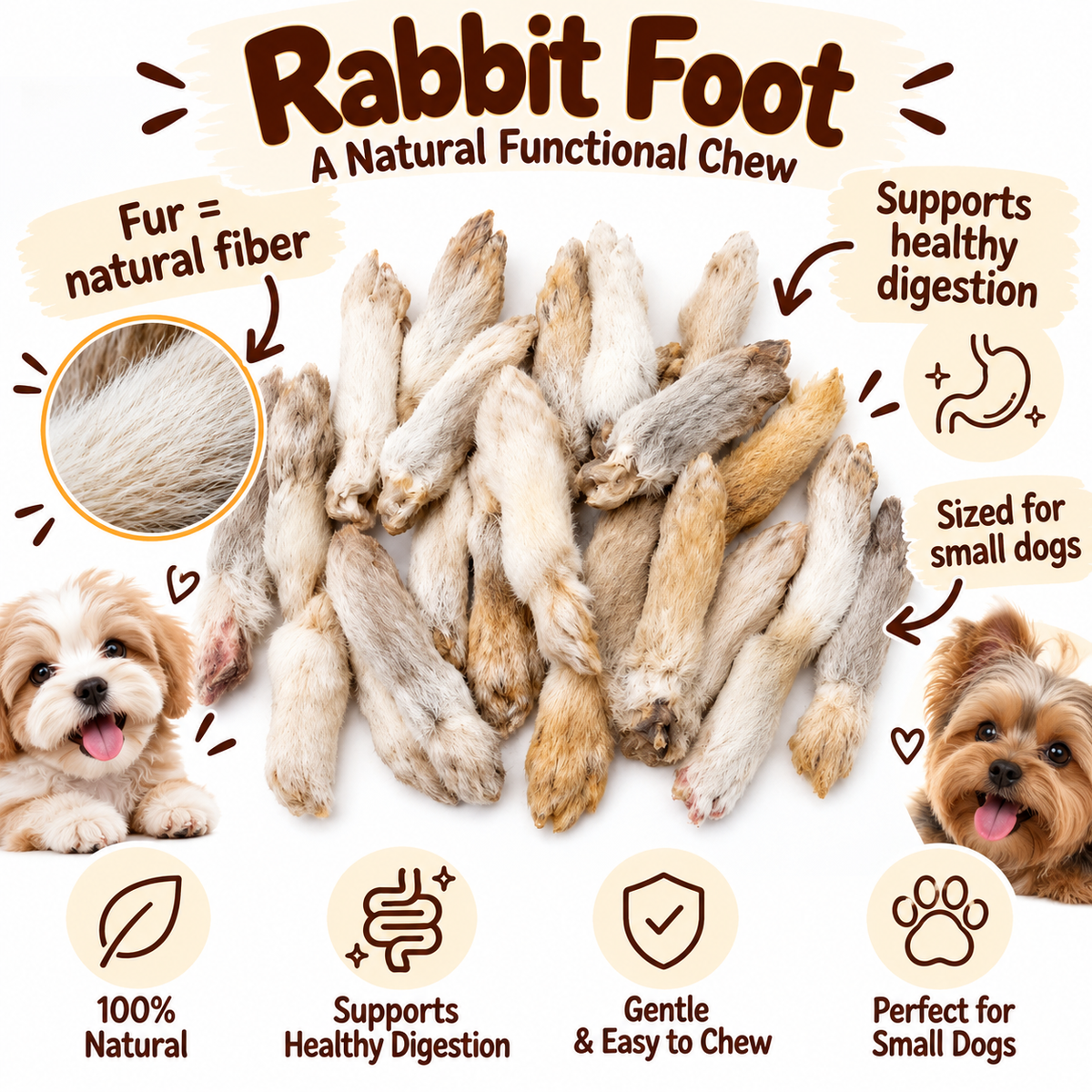 Dehydrated Rabbit Foot with Fur Dog Treat | Single-Ingredient, Natural Fiber