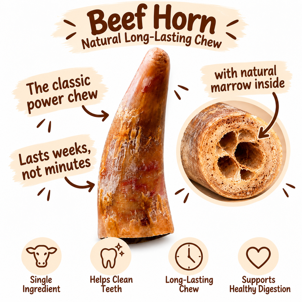 Dehydrated Beef Horn Dog Chew (Large) | Single-Ingredient, Ultra-Durable