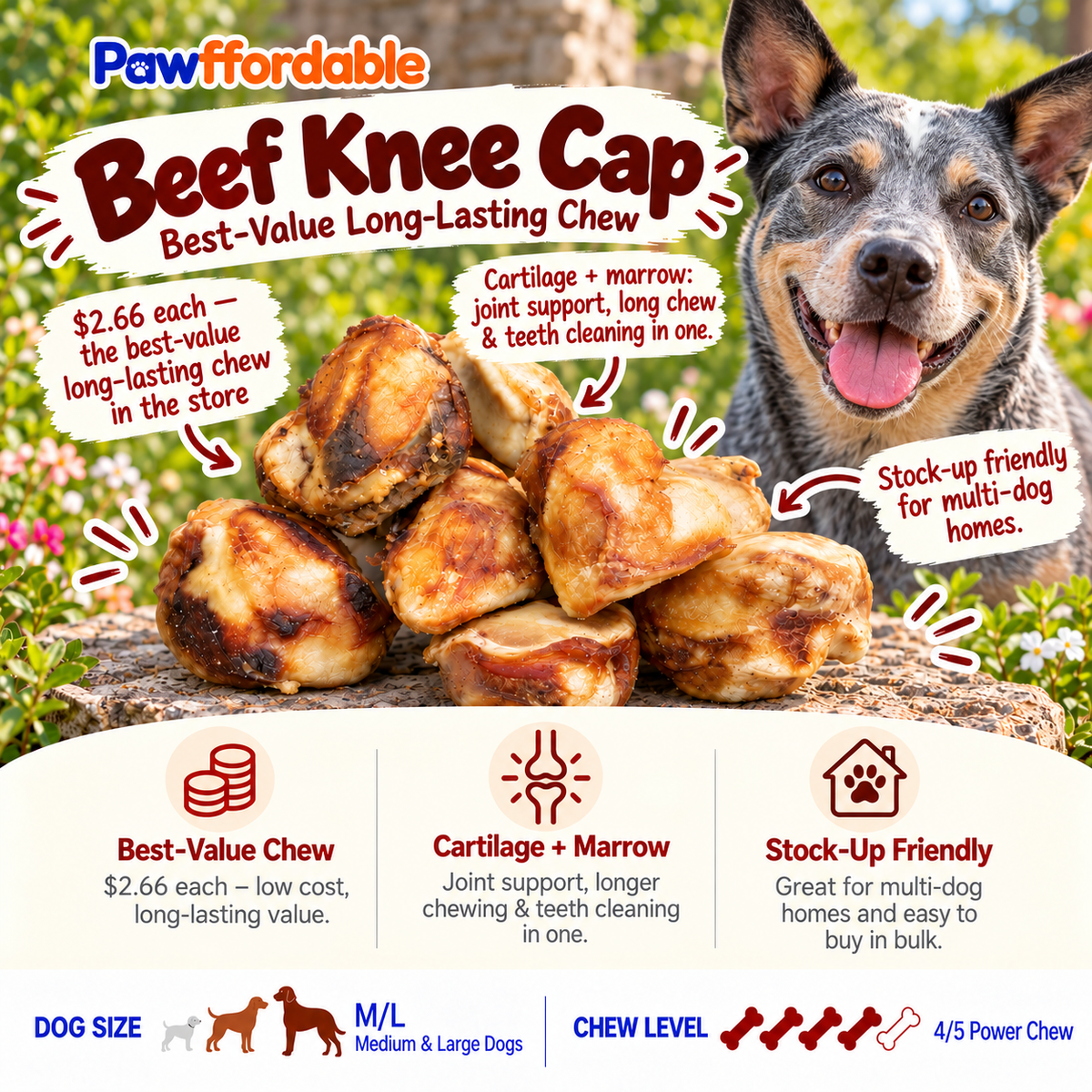 Dehydrated Beef Knee Cap Dog Chew 4oz | Single-Ingredient, Long-Lasting