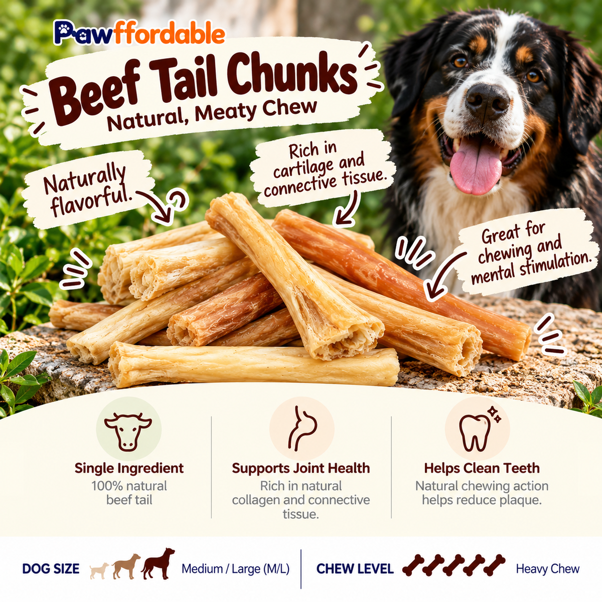 Dehydrated Beef Tail Chunks Dog Chew | Single-Ingredient, Marrow-Filled