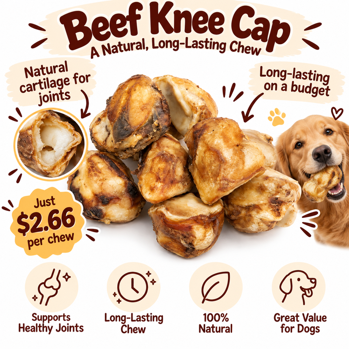 Dehydrated Beef Knee Cap Dog Chew 4oz | Single-Ingredient, Long-Lasting