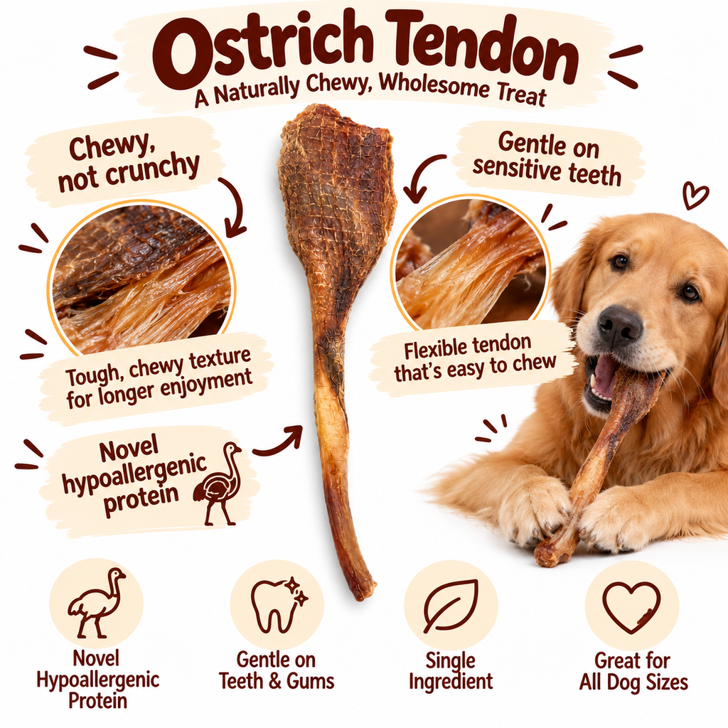 Dehydrated Ostrich Tendon Dog Chew | Single-Ingredient, Chewy & Flexible