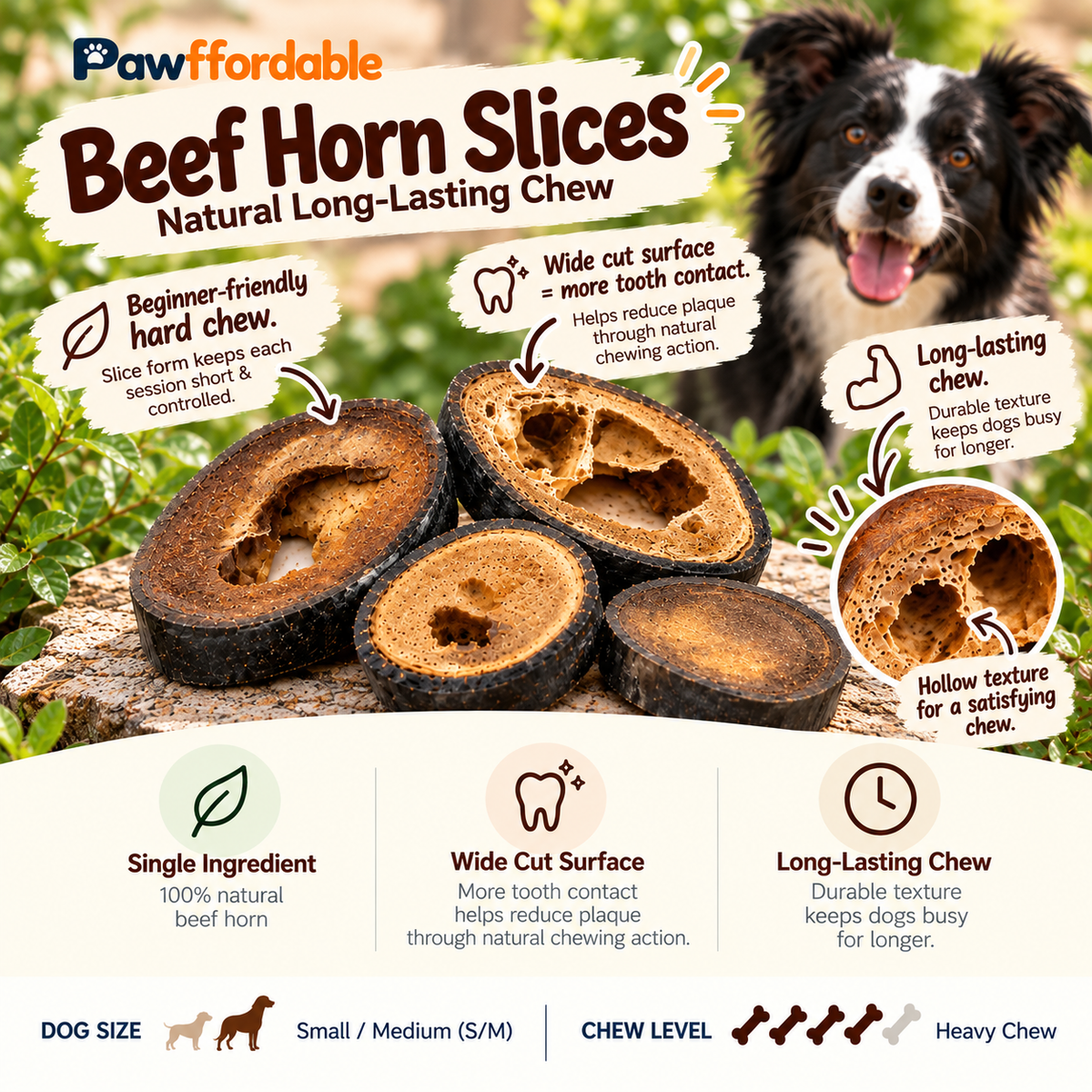Dehydrated Beef Horn Slices Dog Chew | Single-Ingredient, Naturally Hard