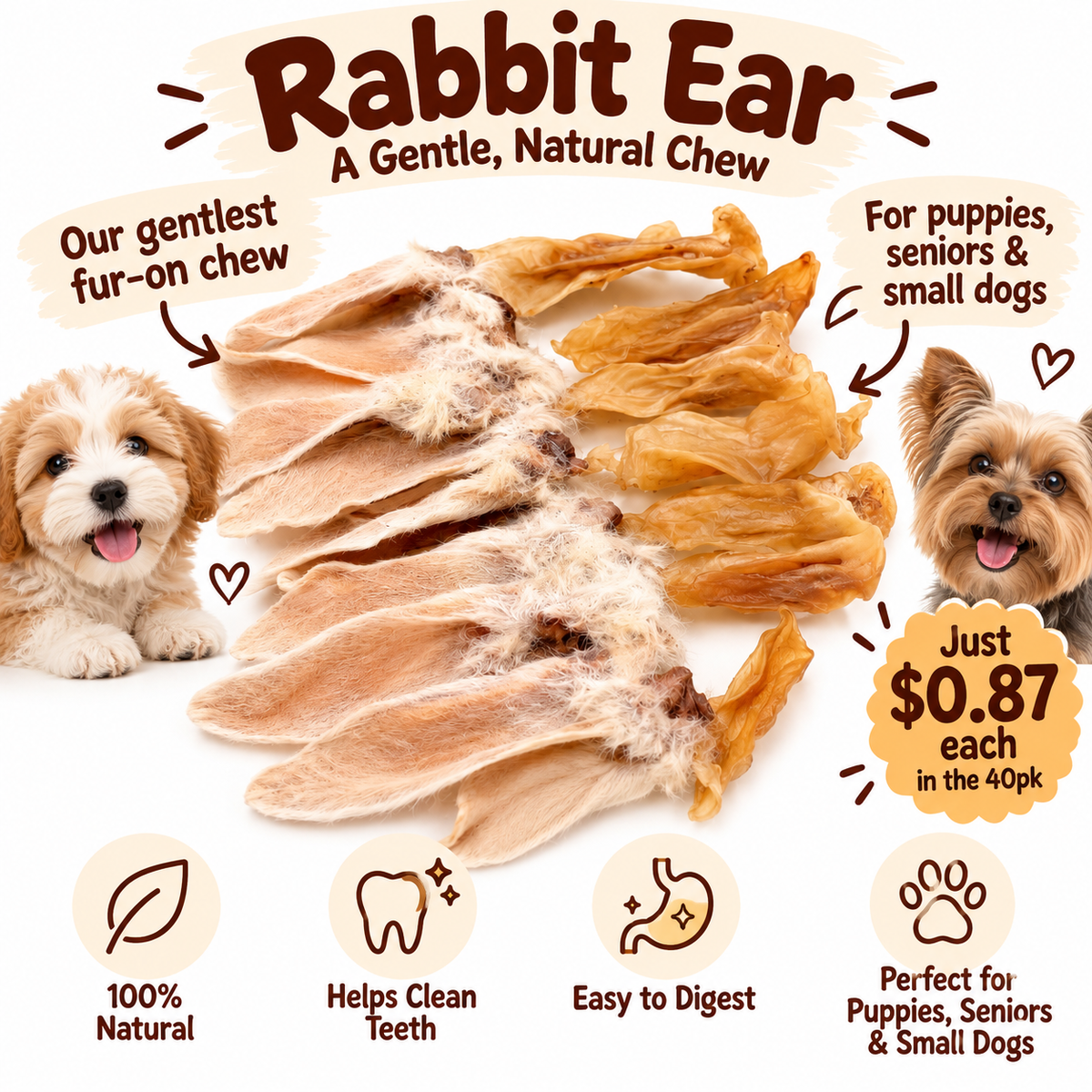 Dehydrated Rabbit Ear Dog Treat | Single-Ingredient, Fur-On, Light & Crunchy