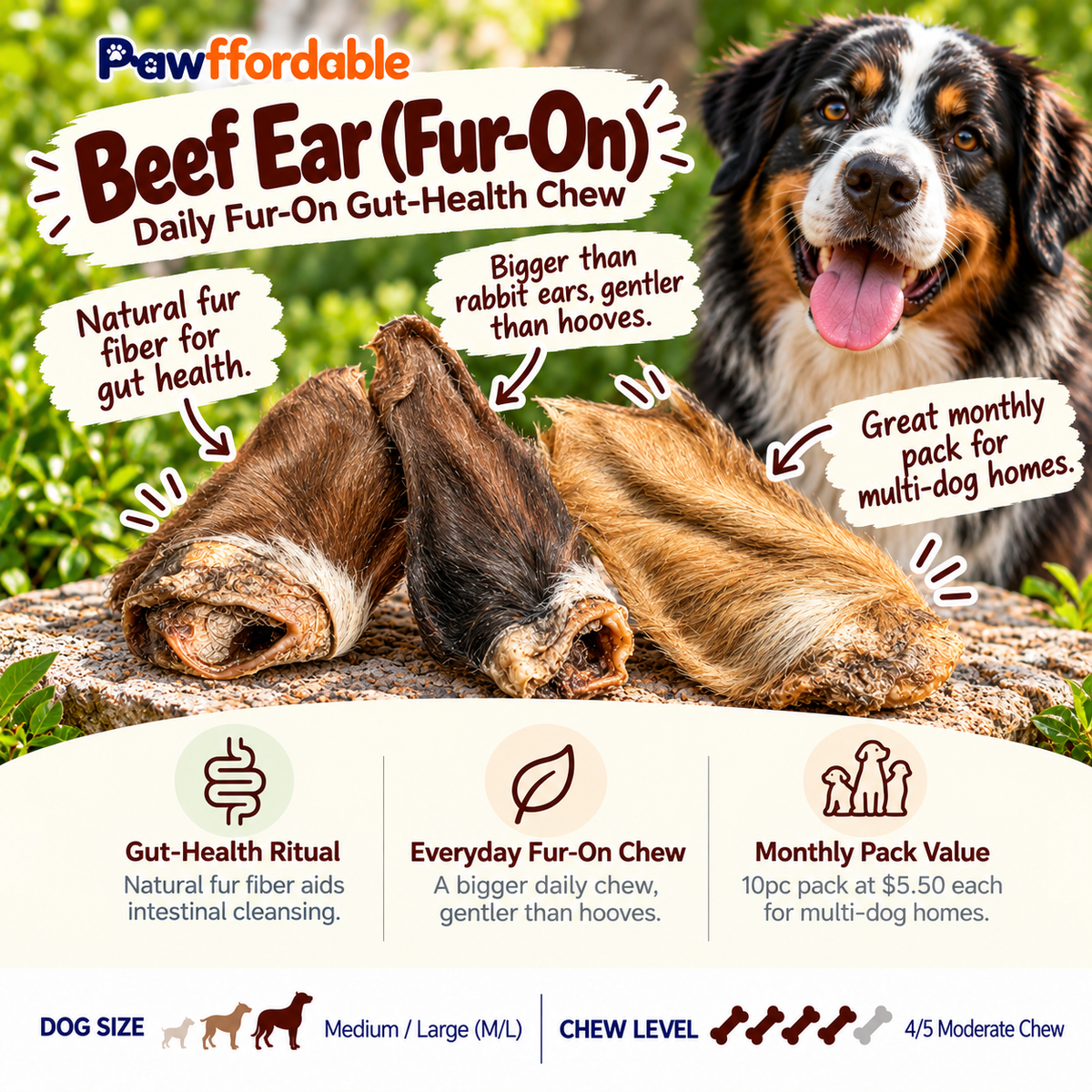 Dehydrated Cow Ear Dog Chew | Single-Ingredient, Fur-On, Natural Fiber Treat