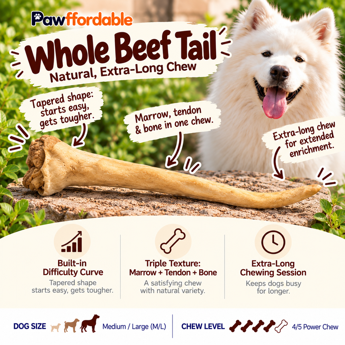Dehydrated Whole Beef Tail (Large) | Single-Ingredient, Extra-Long Session