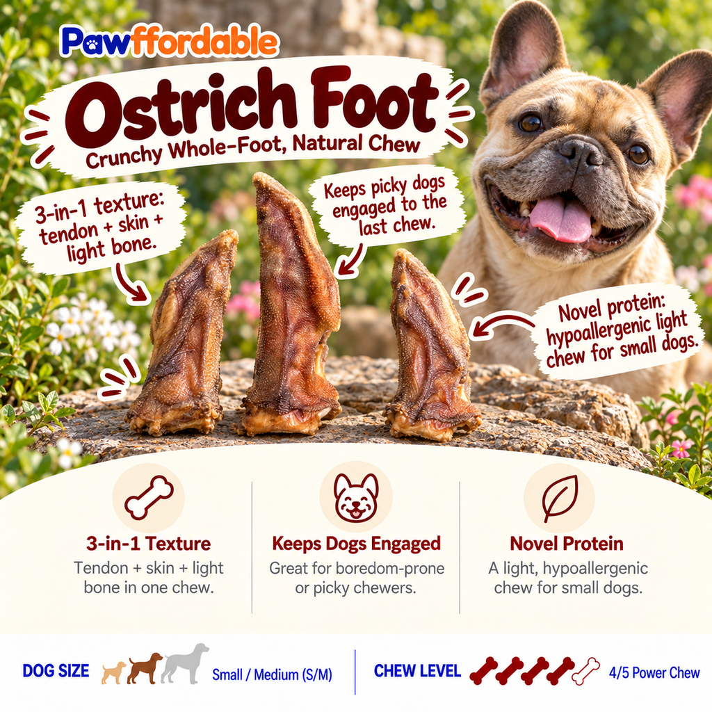 Dehydrated Ostrich Foot Dog Chew (Small) | Single-Ingredient, Tendon & Bone