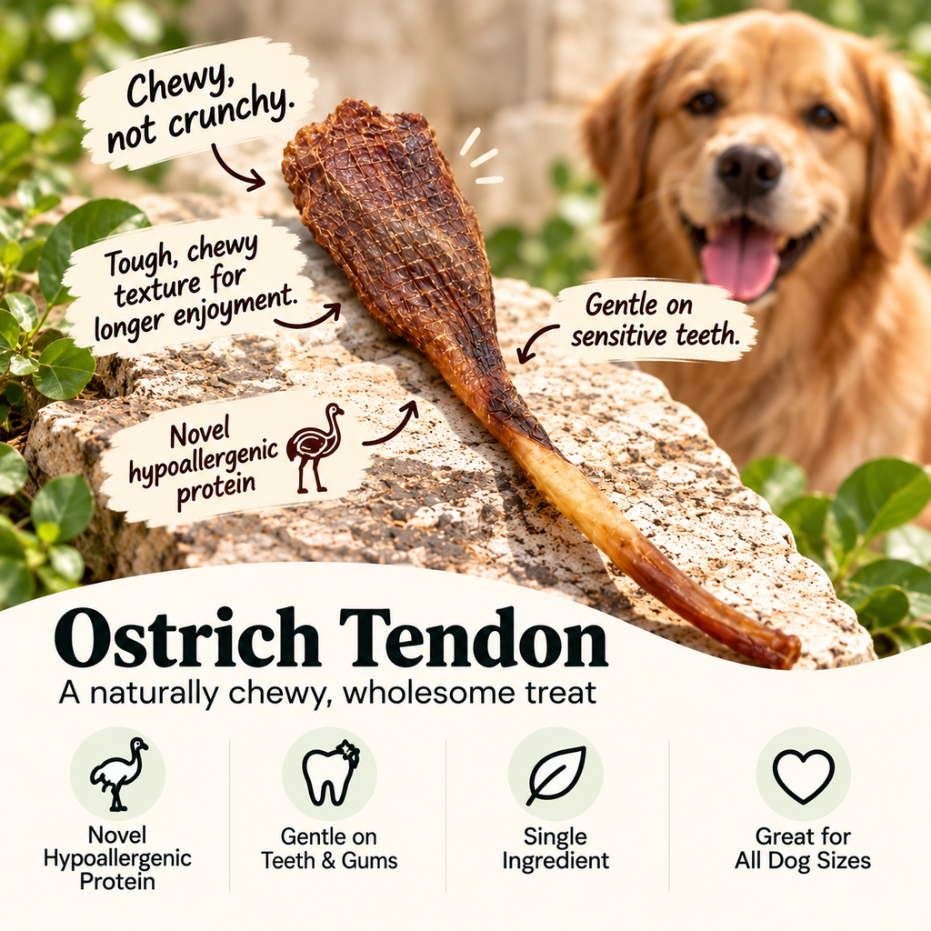 Dehydrated Ostrich Tendon Dog Chew | Single-Ingredient, Chewy & Flexible