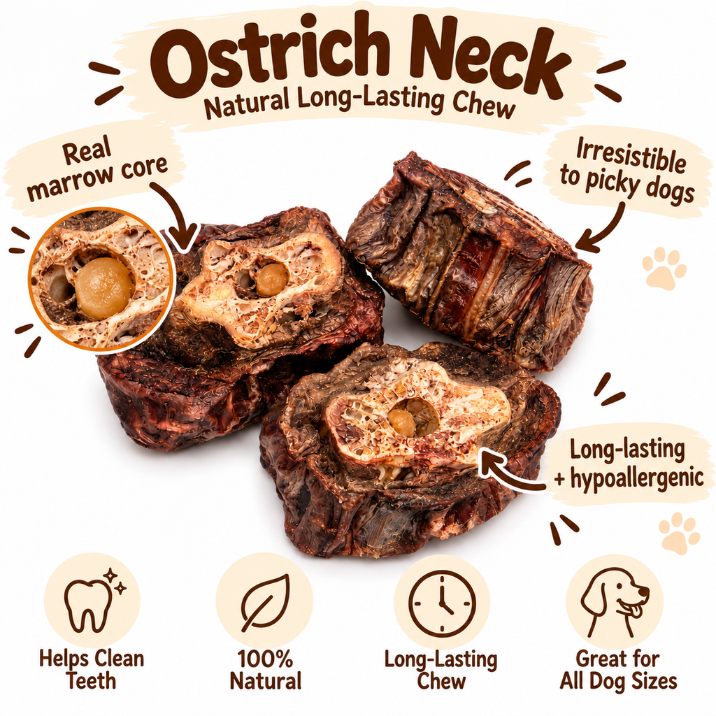 Dehydrated Ostrich Neck Dog Chew | Single-Ingredient, Marrow-Filled, Long-Lasting