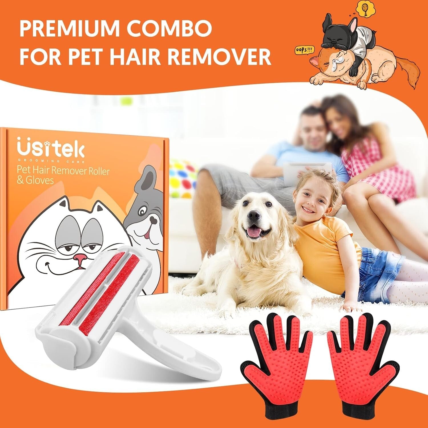 Grooming Care Pet Hair Remover Roller and Pet Grooming Gloves, Deshedding